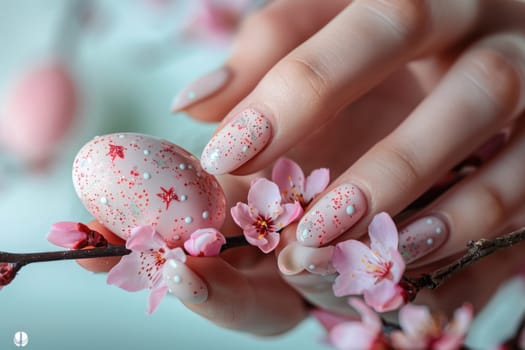 woman's hand with beautiful manicure Spring Easter Nail Design Art holding Easter egg. ai generated