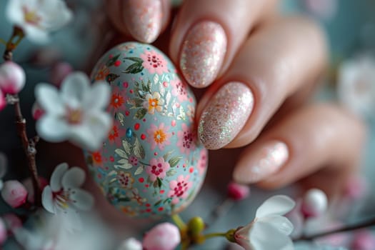 woman's hand with beautiful manicure Spring Easter Nail Design Art holding Easter egg. ai generated