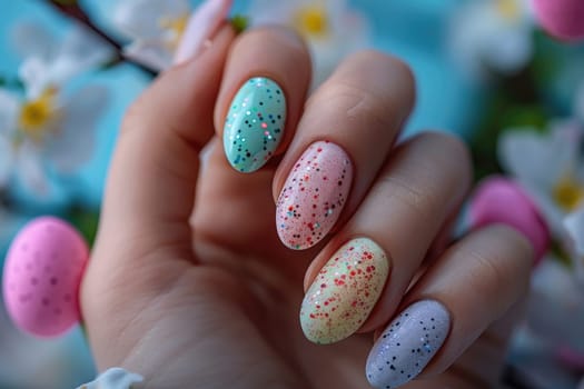 woman's hand with beautiful manicure Spring Easter Nail Design Art holding Easter egg. ai generated