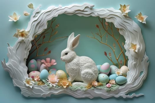 Different layers of abstract paper waves, easter theme with flowers, eggs and bunnies. ai generated