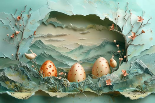 Different layers of abstract paper waves, easter theme with flowers, eggs and bunnies. ai generated