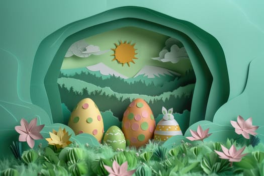 Different layers of abstract paper waves, easter theme with flowers, eggs and bunnies. ai generated