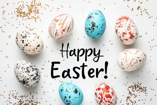 text happy Easter and pastel colored eggs on white background. ai generated