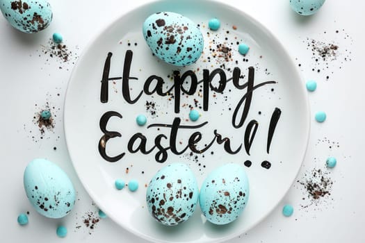 text happy Easter and pastel colored eggs on white background. ai generated