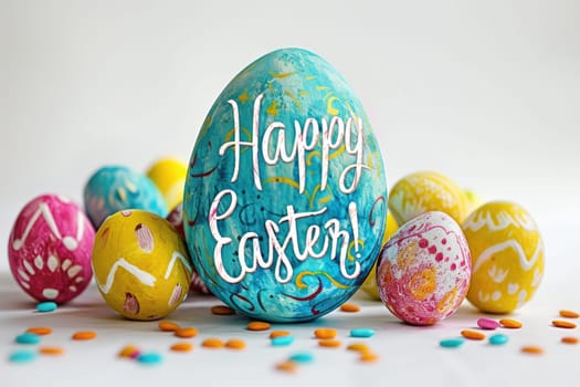text happy Easter and pastel colored eggs on white background. ai generated