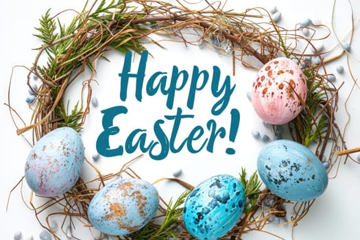 text happy Easter and pastel colored eggs on white background. ai generated