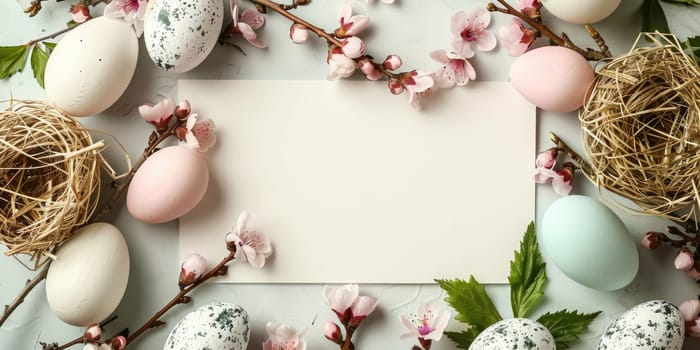 Greeting card mockup with branches of flowers, top view, flat lay. ai generated