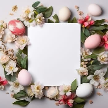 Greeting card mockup with branches of flowers, top view, flat lay. ai generated