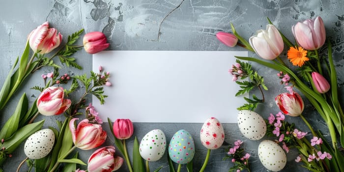 Greeting card mockup with branches of flowers, top view, flat lay. ai generated