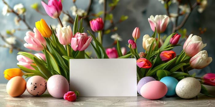 Greeting card mockup with branches of flowers, top view, flat lay. ai generated