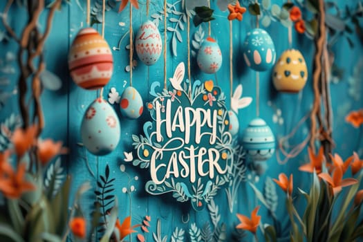 text happy Easter and pastel colored eggs on blue background. ai generated