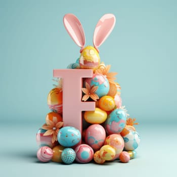 Themed alphabet for children, easter spring theme. Letter E with easter decorations. ai generated