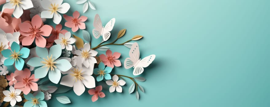 Paper cut spring flowers and leaves, illustration. Fresh spring nature background. Floral banner, poster, flyer template with copy space. ai generated