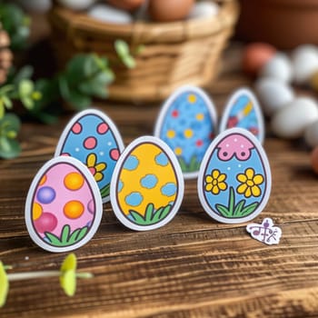 easter styled paper stickers on wooden background. Leisure activity for children. ai generated