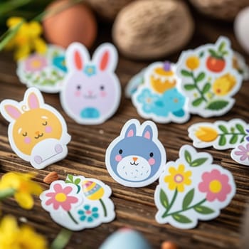 easter styled paper stickers on wooden background. Leisure activity for children. ai generated