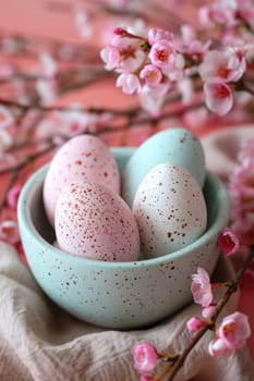 Happy easter. Easter pastel colored eggs and flowers. ai generated