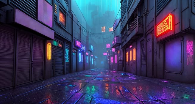 In a cyberpunk alley, neon signs cast a gritty glow on holographic graffiti, rain-soaked pavement glistens under ominous skies.