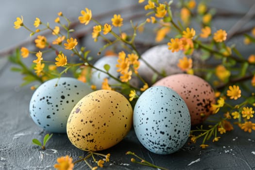Happy easter. Easter pastel colored eggs and flowers. ai generated