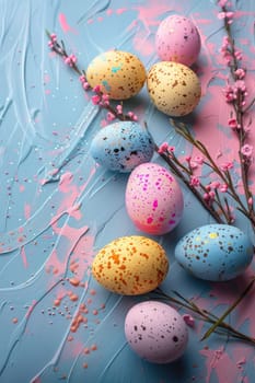 Happy easter. Easter pastel colored eggs and flowers. ai generated