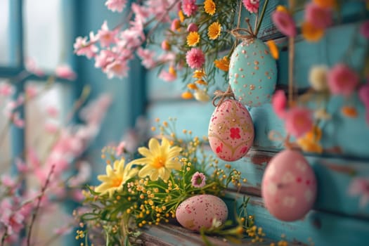 Happy easter. Easter pastel colored eggs and flowers, decorations on window. ai generated