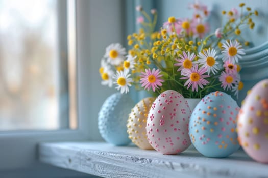 Happy easter. Easter pastel colored eggs and flowers, decorations on window. ai generated