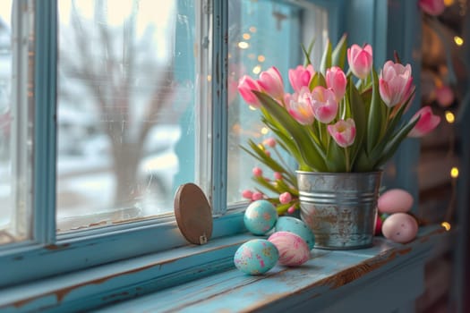 Happy easter. Easter pastel colored eggs and flowers, decorations on window. ai generated