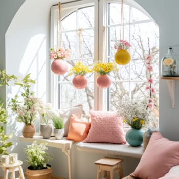 Happy easter. Easter pastel colored eggs and flowers, decorations on window. ai generated