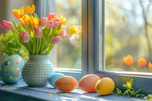 Happy easter. Easter pastel colored eggs and flowers, decorations on window. ai generated