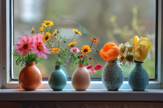 Happy easter. Easter pastel colored eggs and flowers, decorations on window. ai generated