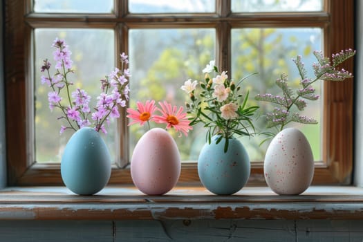 Happy easter. Easter pastel colored eggs and flowers, decorations on window. ai generated