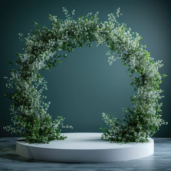 white stage podium with Easter wreath arch. ai generated