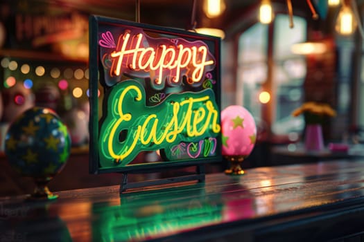 Happy Easter taxt on creative neon style greeting card. eggs, feathers. ai generated