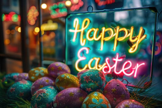 Happy Easter taxt on creative neon style greeting card. eggs, feathers. ai generated