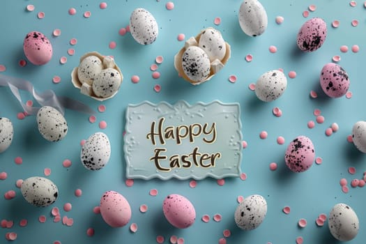 text happy Easter and pastel colored eggs on blue background. ai generated