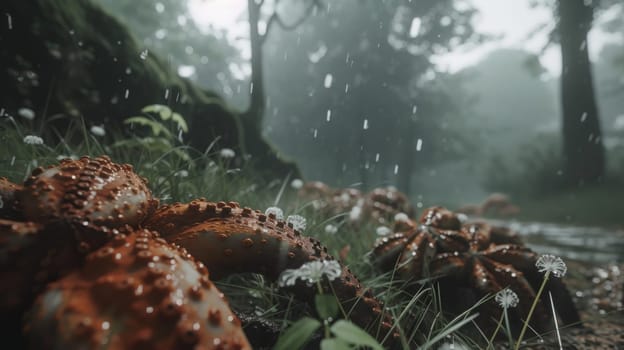 A bunch of flowers and grass in the rain with a tree