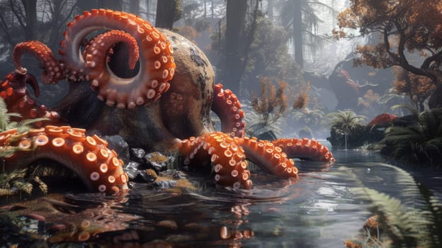 A large octopus is sitting in the water near a river