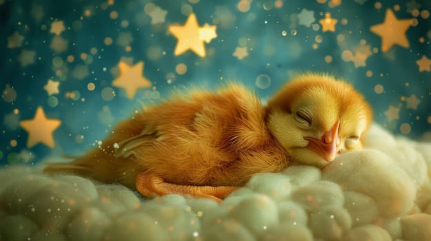 A baby bird sleeping on a cloud with stars in the background