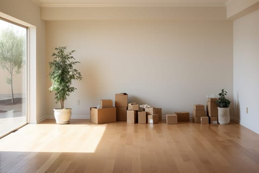 Move concept. Cardboard boxes and cleaning things for moving into a new home. Generative AI.