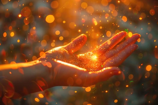 A backlit portrait focusing on a person standing with their hands outstretched towards the shining sun.