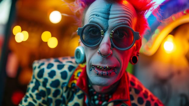 A man with a clown face and glasses wearing some kind of costume