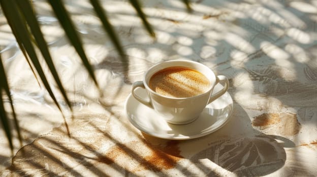 A cup of coffee on a saucer with some leaves