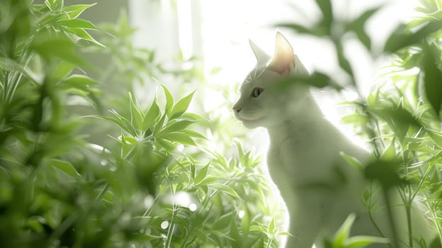 A white cat sitting in a field of green plants