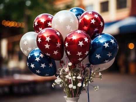 A vase filled with red, white, and blue balloons, creating a patriotic display.