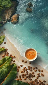 A cup of coffee on a beach with leaves and sea shells