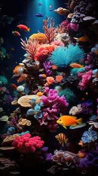 A vibrant scene in a large aquarium filled with colorful fish swimming amidst a vibrant coral reef.