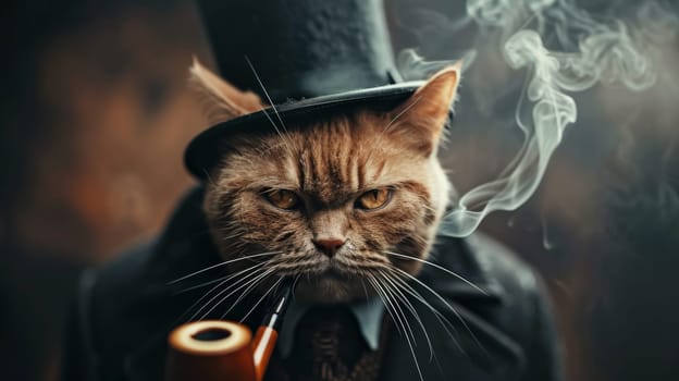 A cat wearing a top hat and smoking pipe with smoke coming out of it