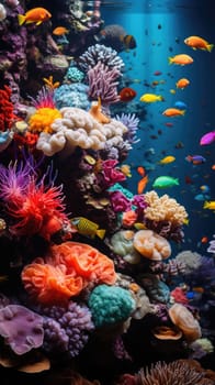 A close-up view of a large aquarium containing a vibrant coral reef bustling with colorful fish swimming around.
