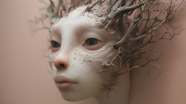 A close up of a sculpture with branches growing out of it's face