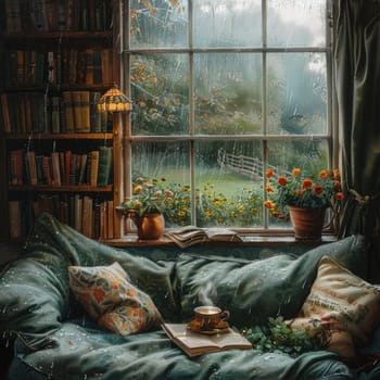 A painting depicting a cozy living room setup with a couch positioned in front of a window, capturing a peaceful indoor scene.