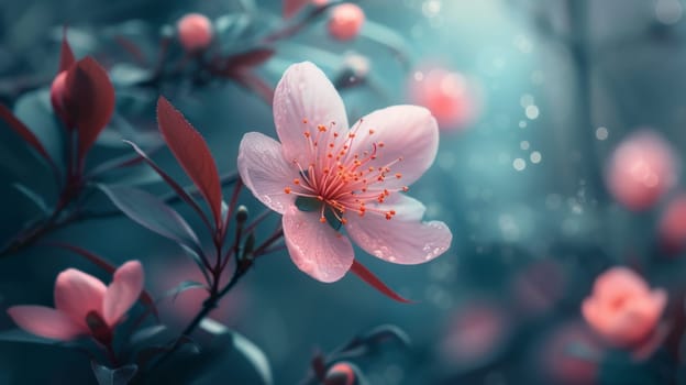 A close up of a pink flower with water droplets on it